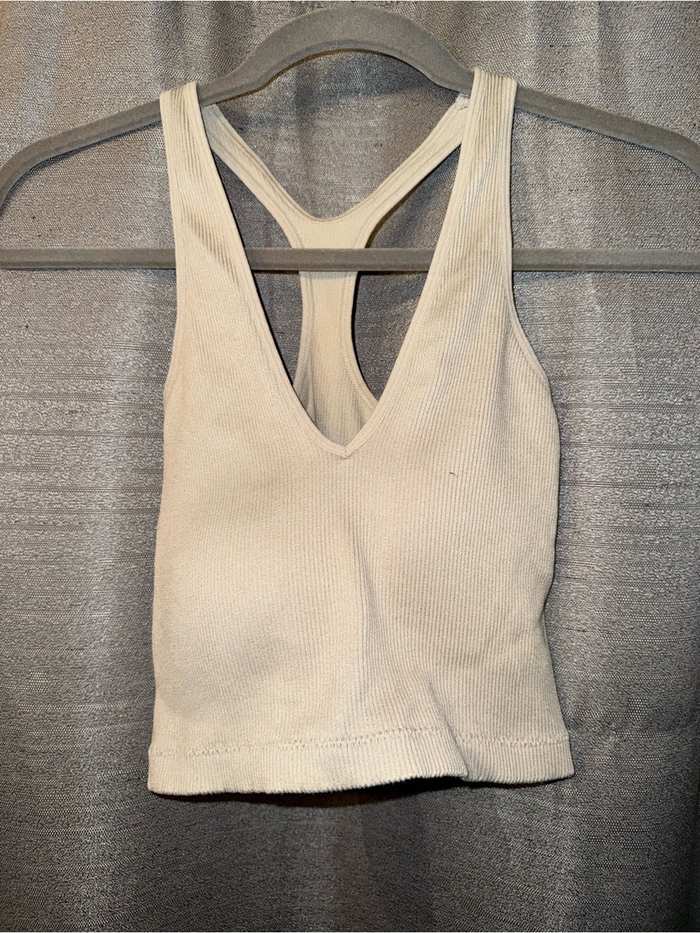 Wishlist Ribbed V-Neck Racerback Crop Tank - Beige